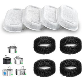Cat Water Fountain Filter for 3.2L/108oz Stainless Steel Cat Water Fountains and Bento Cat Fountain, 4+4/8+8 Pack, Carbon Filters Plus Sponge Foam Filters Pack (8+8)