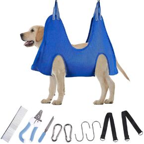 حزام أرجوحة للعناية بالكلاب الأليفة مزود بمشبكين شديد التحمل من الفولاذ المقاوم للصدأ، مقص أظافر، مقلم أظافر، مقص مع حزام حلاقة لقص الأظافر (متوسط/أقل من 55 رطل، أزرق) in Kuwait