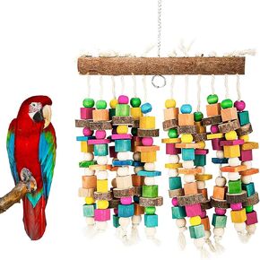Parrot Chewing Toy Bird Bite Toy with Colorful Wood Beads, Multicolored Natural Wooden Block Cage Toys for Macaw Cockatoo Parakeets