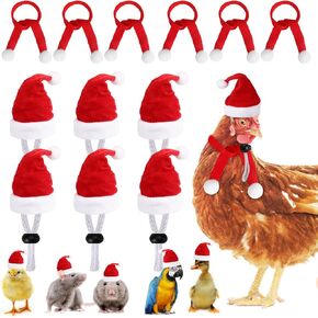 KIMOBER 12Pcs Red Christmas Pet Chicken Hat Scarf Set, Small Animal Scarf and Mini Santa Hat with Adjustable Chin Strap for Duck Hen Hamster Rabbit Kitty Parrot Puppy Lizard