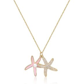 Gold Plated Double Starfish Necklace Ocean Necklace with Exquisite Pendant Starfish and Pearl Beautiful Beach Necklaces for Women Vacation