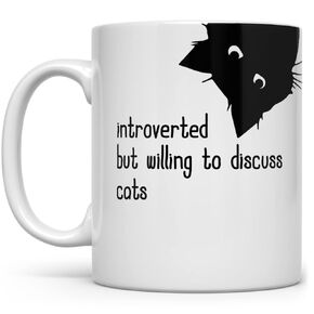 Anti Social Sarcastic Cat Lover Coffee Mug, Fun Cup for Men Women Friend Sister Coworker, Introverted But WIlling To Discuss Cats (11oz)