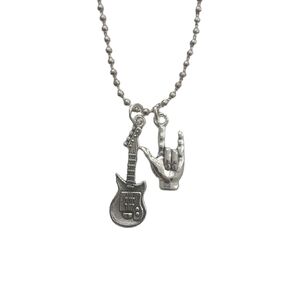 Guitar and I Love You Hand Sign Necklace, Cool Language Charm Pendant, Long Necklace for Man Woman, Music Lover Jewelry