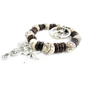 Keychain Beach Charm Bracelet - Wood Bead Stretch Keyring for Wrist