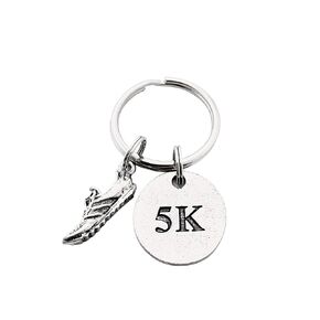 RUN 5K Pewter Pendant Key Chain - Pewter Running Shoe Charm and Round Pewter 5K Pendant on Round Stainless Steel Key Ring
