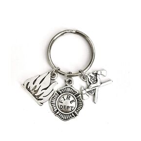 Firefighter keychain. Includes Flame, Fire Department badge, and Helmet and Axe charms. Fire fighter Gift.