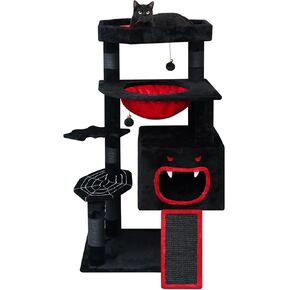 Gothic Cat Tree, 47in Black Cat Tower with Coffin Bed, Spooky Spacious Cat Condo, Coffin Bed with Thickened Soft Cushion, Sisal Scratching Posts, Scratching Ramp and Comfort Basket，Halloween