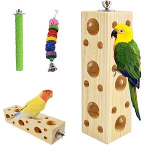 Bird Wooden Block Chewing Toy Parrot Beak Grinding Toys Wood Birds Cage Foraging Training Toys with Bird Perch for Parakeets Cockatiels Lovebird Budgie