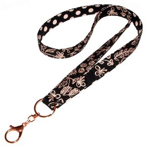 Reversible Lanyard - Rose Gold and Metallic Print - Floral Vines and Dots on Black - Neck Strap - ID Badge Holder - Key Lanyard - 3/4x36 Inch With Swivel Clip - Handmade by Green Acorn Kitchen
