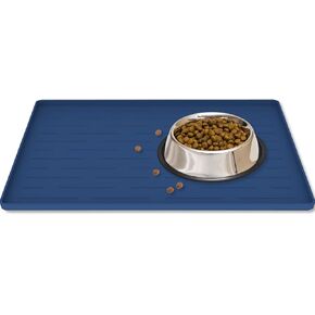 Dog Food Mat, 16"x10" Silicone Dog and Cat Mat for Food and Water Bowls, Waterproof Raised Edge Pet Feeding Mat for Contain Spills Protects Floors, Multiple Colors & Sizes for Pets (Dark Blue)