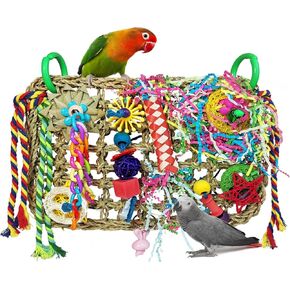 Bird Toys, Bird Foraging Toys, Edible Seagrass Woven Climbing Hammock Mat with Colorful Chewing Toys, Suitable for Parakeets Cockatiel Conures Lovebirds Finch Budgies Small Birds