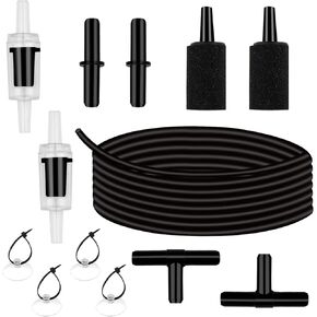 Aquarium Airline Tubing, Standard Aquarium Air Pump Accessories with Standard 3/16 Black Tubing, Check Valves, Connectors, Air Stone, Suction Cups for Aquarium Fish Tank