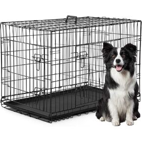 FDW 48 Inch Dog Crate Dog Kennel Cage with Double Door Folding Metal Wire Dog Cage with Removable Tray&Divider Panel for Large Dogs,Black
