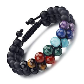 Handmade Double Layer 7 Chakra Bracelet - Tigers Eye, Obsidian, Amethyst, Malachite, Amazonite, Lapis Lazuli, Red Agate Beads - 8mm - Spiritual Alignment and Energy Balance