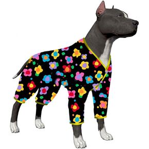LovinPet Post Surgery Onesie For Dogs Medium - Anxiety Calming Anti Licking Dog Pajamas, Lightweight Fabric, Vintage Happy 2 Quilted Multi Print, Large Dog Pjs, All Season wear Dog Pj's,Black Yellow M
