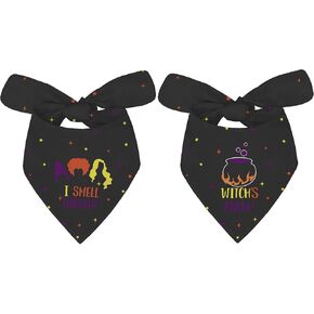 عصابات الهالوين Hocus Pocus Dog - I Smell Children Witch Dog Scarf - قطعتان قابلان للتعديل من Sanderson Sisters Holiday Party Triangle عصابات الحيوانات الأليفة ذات الوجهين للكلاب المتوسطة والكبيرة