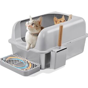 صندوق فضلات القطط من الفولاذ المقاوم للصدأ من دبليو إم كيه، صندوق فضلات القطط ذو الجدار العالي، صندوق فضلات القطط المعدني الكبير جدًا مع غطاء ومغرفة للقطط الكبيرة، وعاء فضلات مقاس XL، غير لزج، مضاد للتسرب، سهل التنظيف in Kuwait