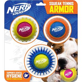 Nerf Dog 2.5in Squeak Armor Tennis Ball Dog Toys 3-Pack -Yellow/Pink and Orange/Blue and Blue/Green