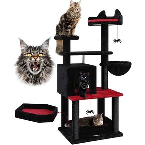 F52 Gothic Cat Tree, 52in Goth Cat Tower Unique Cat Tree with Coffin Bed for Indoor Cats, Scratching Posts, Cozy Caves, Hammock, Black