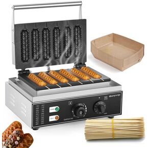Moongiantgo Commercial Corn Dog Waffle Maker Machine 6 PCS 1550W Hot Dog Cheese Stick Press Iron, 50-300℃ Temp Control, 5-min Timer French Muffin Cooker 110V