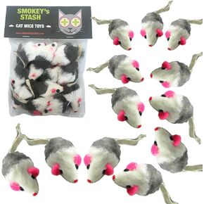 Smokey's Stash Gray and White Faux Fur Cat Mice Toy 12 Per Pack Multi Color Realistic Interactive Small Mouse with Rattle and Catnip Safe for Adult Cats and Kittens