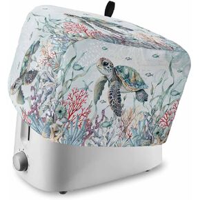 Sea Turtle Toaster Cover 4 Slice, Large Kitchen Appliance Covers, Blue Summer Beach Coastal Coral Ocean Nautical Toaster Oven Cover with Loop, Bread Machine Cover Polyester Dust Cover