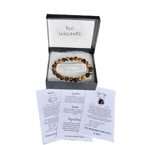 Doc Willard's Charged 8mm Tigers Eye Stretch Bracelet with Selenite Piece and 3 Informational Cards Metaphysical Healing Crystals Reiki
