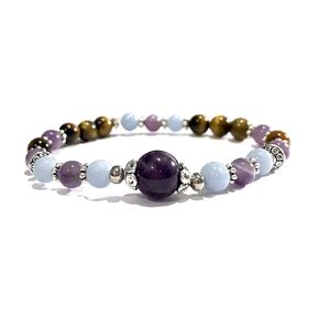 Handmade Amethyst, Angelite and Tigers Eye Healing Bracelet 7 inches
