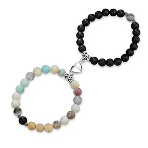 2 PCS Couples Bracelet Magnetic Healing Natural Bead Stone Stretch Bracelet for Him and Her Long Distance Relationship Bracelet (Lava+Green Weathered)