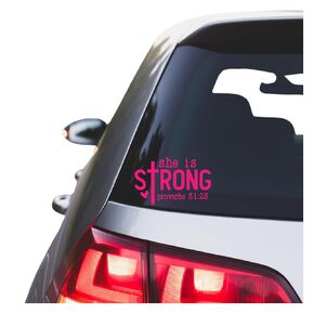She Is Strong Proverbs 31:25 Car Sticker, Vinyl Car Decal Bumper Sticker, For Cars, Trucks, Vans, Laptops, Walls, Cups, Tumblers, Great Stocking Stuffer Mint Pink WHite (White)