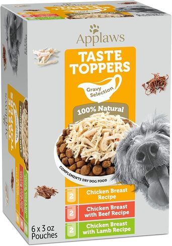 Applaws Taste Toppers، غطاء طعام طبيعي للكلاب، 12 قطعة، وجبة مكونة محدودة للكلاب، دجاج مع البازلاء والقرع في المرق، أكياس 3 أونصة in Saudi Arabia