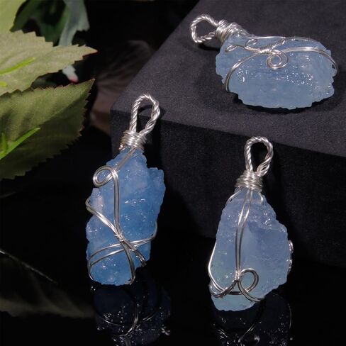 Natural Gemstone Aquamarine Crystals Pendants, Handmade Blue Irregular Healing Crystal Charms Wire Wrapped Pendant, DIY Necklace Raw Stone Necklace Pendants for Jewelry Making in Kuwait
