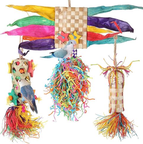 3 Pack Bird Colorful Chewing Toys Parrot Foraging Shredder Toys Shred Hanging Foraging Toys, Bird Toys for Parakeets Edible Palm Leaf Woven for Cockatiel Conure African Grey Parrot in Saudi Arabia