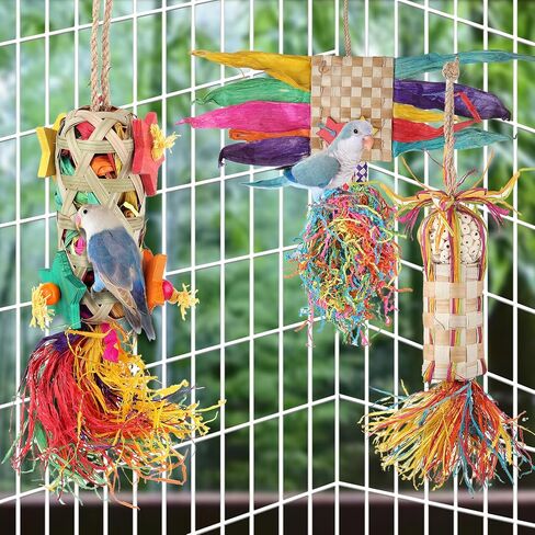 3 Pack Bird Colorful Chewing Toys Parrot Foraging Shredder Toys Shred Hanging Foraging Toys, Bird Toys for Parakeets Edible Palm Leaf Woven for Cockatiel Conure African Grey Parrot in Saudi Arabia