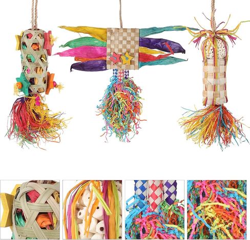 3 Pack Bird Colorful Chewing Toys Parrot Foraging Shredder Toys Shred Hanging Foraging Toys, Bird Toys for Parakeets Edible Palm Leaf Woven for Cockatiel Conure African Grey Parrot in Saudi Arabia