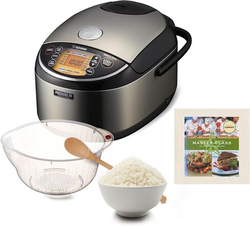 Zojirushi NP-NWC18 سعة 10 أكواب لطهي الأرز وتسخينه بالضغط (أسود) حزمة مع ملعقة من الخيزران مقاس 15 بوصة ووعاء غسيل الأرز وكتاب الطبخ (4 قطع) in Kuwait