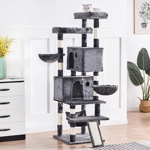 Cat Tree for Indoor Cats Large Adult, 66.9 Inches Multi-Level Tall Cat Tower with Sisal Scratching Posts, Large Plush Perches, Spacious Condos, Baskets, Hammock & Scraping Ladder (Light Gray) in Saudi Arabia