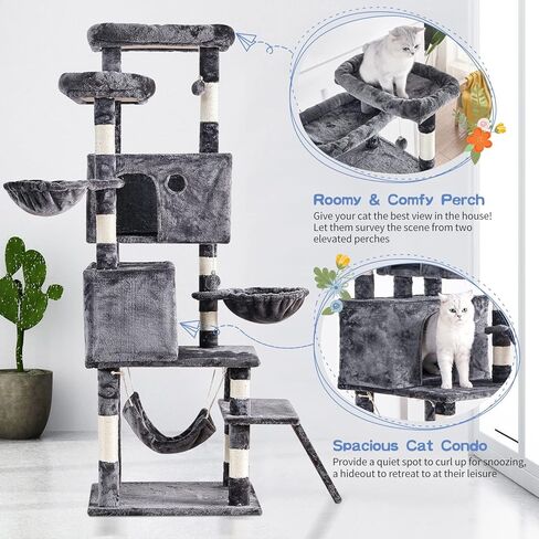Cat Tree for Indoor Cats Large Adult, 66.9 Inches Multi-Level Tall Cat Tower with Sisal Scratching Posts, Large Plush Perches, Spacious Condos, Baskets, Hammock & Scraping Ladder (Light Gray) in Saudi Arabia
