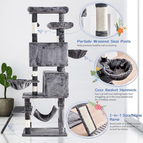 Cat Tree for Indoor Cats Large Adult, 66.9 Inches Multi-Level Tall Cat Tower with Sisal Scratching Posts, Large Plush Perches, Spacious Condos, Baskets, Hammock & Scraping Ladder (Light Gray) in Saudi Arabia