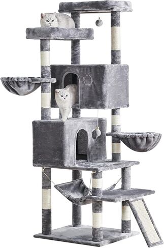 Cat Tree for Indoor Cats Large Adult, 66.9 Inches Multi-Level Tall Cat Tower with Sisal Scratching Posts, Large Plush Perches, Spacious Condos, Baskets, Hammock & Scraping Ladder (Light Gray) in Saudi Arabia