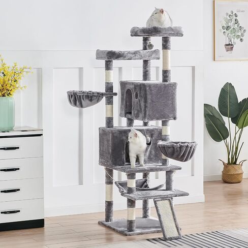 Cat Tree for Indoor Cats Large Adult, 66.9 Inches Multi-Level Tall Cat Tower with Sisal Scratching Posts, Large Plush Perches, Spacious Condos, Baskets, Hammock & Scraping Ladder (Light Gray) in Saudi Arabia