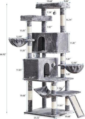Cat Tree for Indoor Cats Large Adult, 66.9 Inches Multi-Level Tall Cat Tower with Sisal Scratching Posts, Large Plush Perches, Spacious Condos, Baskets, Hammock & Scraping Ladder (Light Gray) in Saudi Arabia