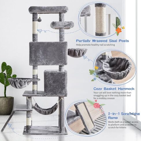 Cat Tree for Indoor Cats Large Adult, 66.9 Inches Multi-Level Tall Cat Tower with Sisal Scratching Posts, Large Plush Perches, Spacious Condos, Baskets, Hammock & Scraping Ladder (Light Gray) in Saudi Arabia