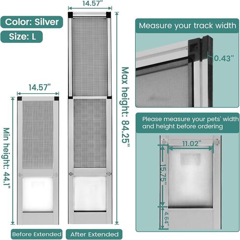Dog Door for Sliding Door - Large Dog Door for Sliding Glass Door - Patio Sliding Door Dog Door Insert - Opening Width: 11 in, Max Height: 84.25 in, Color: Silver Aluminum in Saudi Arabia