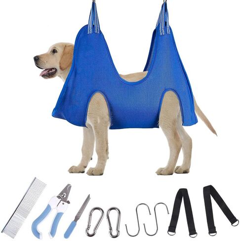 حزام أرجوحة للعناية بالكلاب الأليفة مزود بمشبكين شديد التحمل من الفولاذ المقاوم للصدأ، مقص أظافر، مقلم أظافر، مقص مع حزام حلاقة لقص الأظافر (متوسط/أقل من 55 رطل، أزرق) in Kuwait