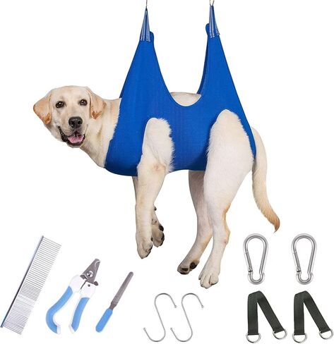 حزام أرجوحة للعناية بالكلاب الأليفة مزود بمشبكين شديد التحمل من الفولاذ المقاوم للصدأ، مقص أظافر، مقلم أظافر، مقص مع حزام حلاقة لقص الأظافر (متوسط/أقل من 55 رطل، أزرق) in Kuwait