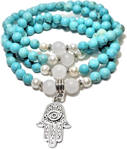 Healing Calming Necklace Japa Mala 108 Beads Natural Gemstones: Turquoise, White Jade, Australian South Sea Pearl + Hamsa Hand Evil Eye Charm Yoga Meditation Necklace - USA HANDMADE (turquoise) in Saudi Arabia