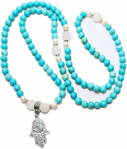 Healing Calming Necklace Japa Mala 108 Beads Natural Gemstones: Turquoise, White Jade, Australian South Sea Pearl + Hamsa Hand Evil Eye Charm Yoga Meditation Necklace - USA HANDMADE (turquoise) in Saudi Arabia