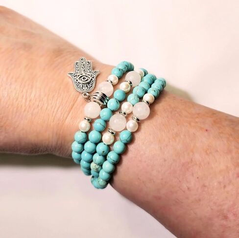 Healing Calming Necklace Japa Mala 108 Beads Natural Gemstones: Turquoise, White Jade, Australian South Sea Pearl + Hamsa Hand Evil Eye Charm Yoga Meditation Necklace - USA HANDMADE (turquoise) in Saudi Arabia
