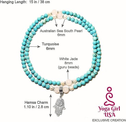 Healing Calming Necklace Japa Mala 108 Beads Natural Gemstones: Turquoise, White Jade, Australian South Sea Pearl + Hamsa Hand Evil Eye Charm Yoga Meditation Necklace - USA HANDMADE (turquoise) in Saudi Arabia